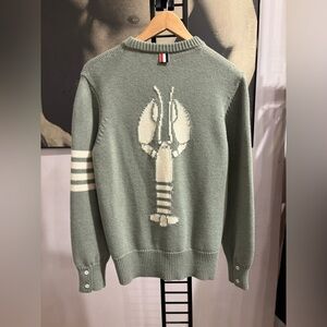 Thom Browne Sage Green Crewneck Sweater with 4 White Stripes